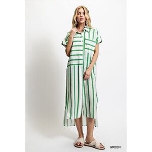 Gigio Green Mixed Stripe Roll Up Sleeve Button Up Shirt Dress
